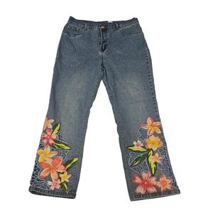 DG2 by Diane Gilman Embroidered Flower Stretch Jeans Women's Size 12 Blue Denim